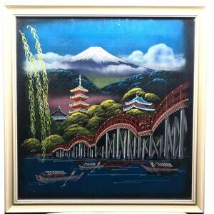 Vintage Framed Velvet Painting of Japanese Landscape with Mt. Fuji, Pagodas, Bri